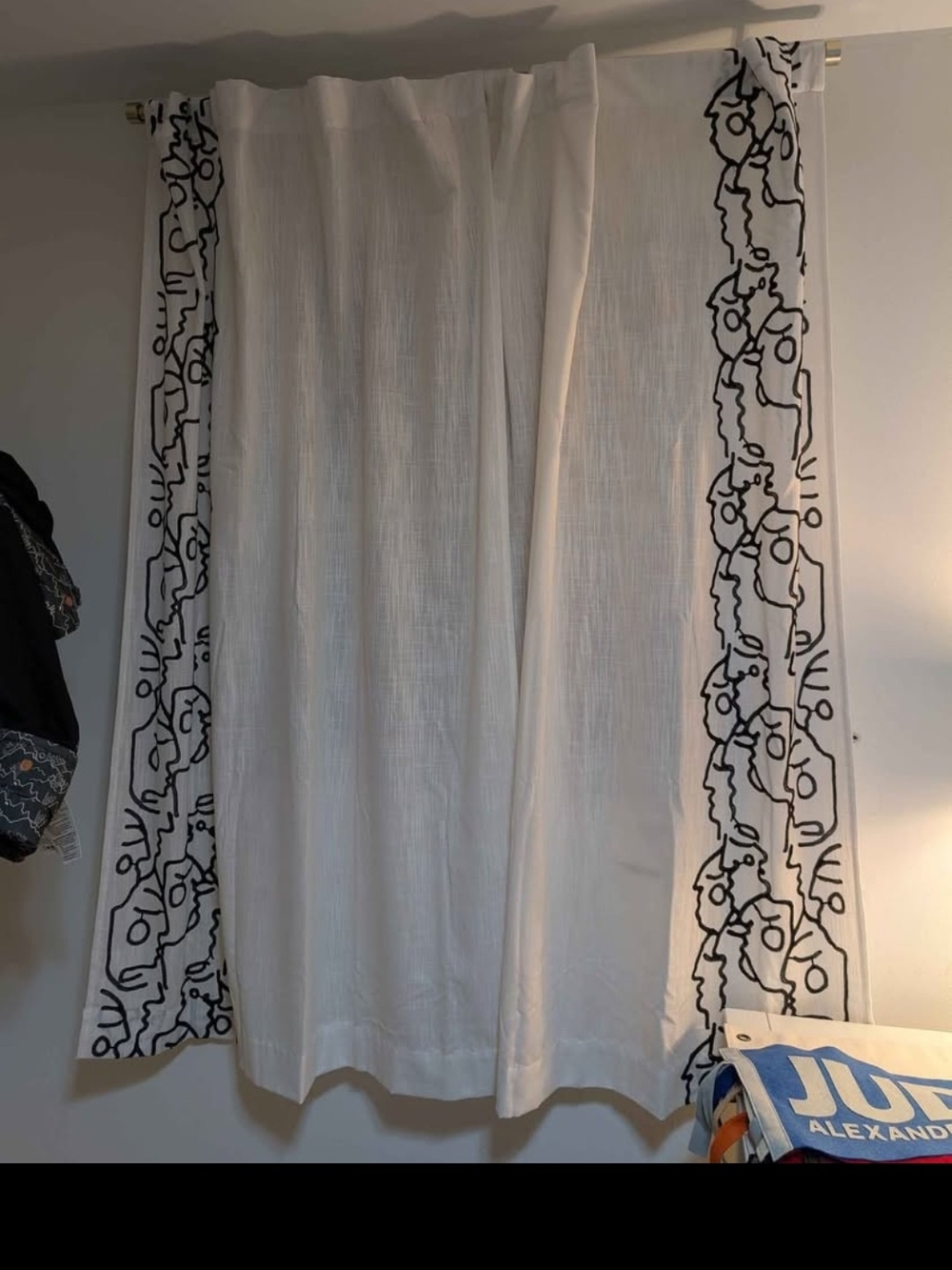 QTY 4 Jungalow White Semi Sheer Curtains with Black Abstract Face Border